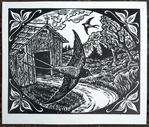JRicher BarnSwallows LinocutPrint